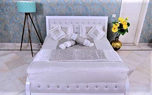 LushHavenDecor Self Design Satin Wedding Bedding Set (Set of 8 pcs) 1 Double Bed Bedsheet, 2 Pillow Cover, 2 Filled Cushion, 2 Filled Bolsters, 1 AC Comforter Designer BUTTI