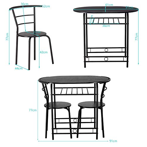 Giantex Eetkamermeubelset met plank, keukentafel van hout en staal met 2 stoelen, modern (zwart) - Image 4