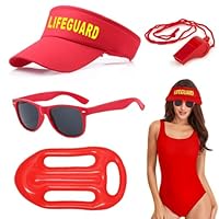 CHAOTEMAI 4 Pezzi Costume Carnevale Costumi Divertenti Costume Bagnino Addio al Celibato Lifeguard Accessori Regolabile Cappello da Bagnino Occhiali da Sole Boa di Salvataggiocostume di Carnevale
