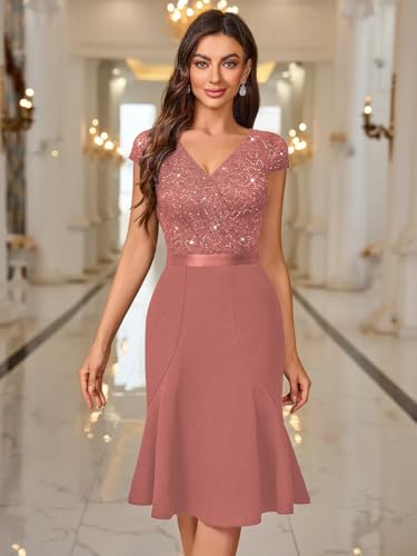 Image of Miusol Women's Elegant V Neck Sequin Glitter Lace Ruffle Style Cocktail Prom Dress