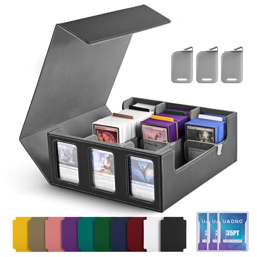 Image of UAONO Card Storage Box for Trading Cards, 1800+ Commander Deck Box for MTG with Display Window, Toploader Card Case fits Magic TCG PTCG Sports Cards; 10 Removable Divider Tabs, 3 Stoppers (Black)