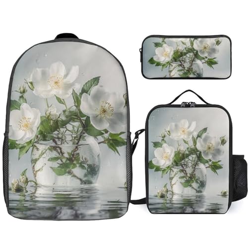 3 Piece Backpack for Women Men Lightweight Causal Daypack Shoulder Bag Set with Insulated Lunch Bag And Pencil Case Organizers White Flowers And Green Leaves