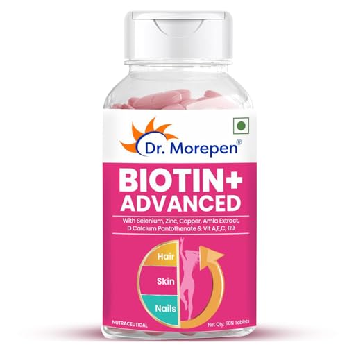 DR. MOREPEN Biotin+ for Hair Growth, Glowing Skin & Healthy Nails | With Multivitamins, Amino Acids, Natural Extract of Amla, Turmeric & Green Tea, Bhringraj & Brahmi – 60 Tablets (Single)