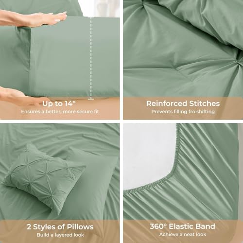 Image of Sasttie King Size Comforter Set, 7-Piece Bed in a Bag, Pintuck Bedding Set for All Season, Includes Comforter, Flat Sheet, Fitted Sheet, Pillowcases and Pillowshams, Sage Green
