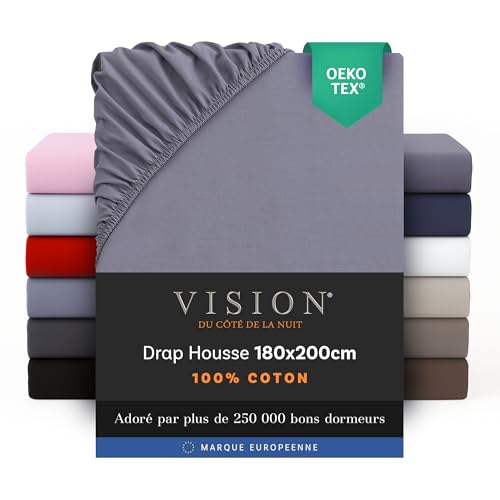 Vision Drap Housse - 100% Coton Lit Double (180x200cm) - Gris | Coins Élastiqués | Tissage...