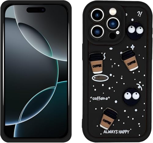 Image of GoldKart Back Case Cover Compatible for iPhone 16 Pro | Cute Fun Cartoon 3D Ball Coffee Silicone Case | Full Body Protection Back Cover for iPhone 16 Pro - Black