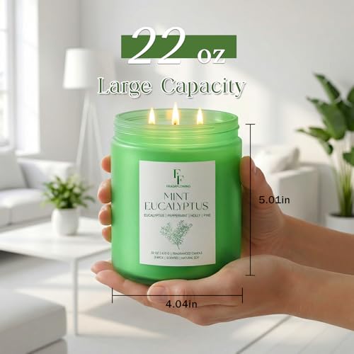 Image of Mint Eucalyptus Large Scented Candle, 3-Wick 22oz Long Lasting Scented Candle, Natural Soy Wax Aromatherapy Candle for Home, Candle Gifts for Women Men