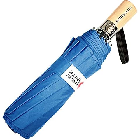 Kung Fu Smith Small Windproof Folding Umbrella for Men and Women, Portable Travel Anti UV Compact Rain Umbrella, Automatic Open and Close, Wood Handle Blue, One Size Cover