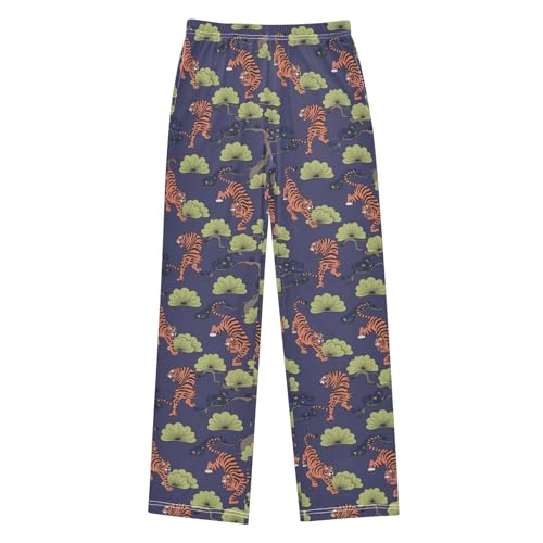 Tiger Pine Tree Boys Long Pants Soft Trousers Elastic Waist Kids Lounge Bottoms with Pockets S-XL