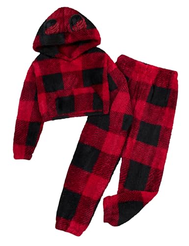 Image of Shallmu Girls Fuzzy Bear Ear Plaid Hoodie Pullover Sweatshirt with Pocket Sweatpants Fall Winter 2 Piece Outfits