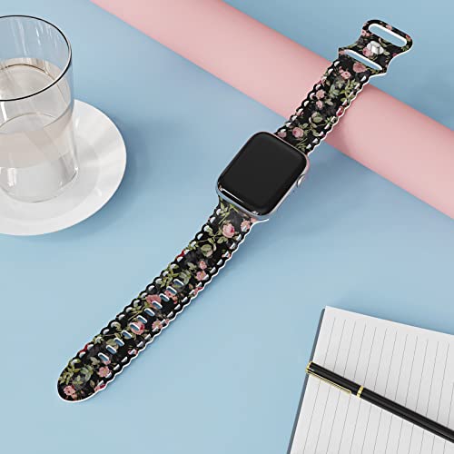 Image of Compatible with Apple Watch Band 41mm 40mm 38mm 49mm 45mm 44mm 42mm Women Girl, Rose Floral Print Lace Hollow-out Soft Silicone Sport Bands For iWatch Ultra SE Series 10 9 8 7 6 5 4 3 2, RosR-38