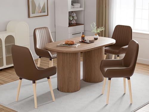 ELUCHANG Sedie Marrone da Pranzo Set di 4 Facile Da Pulire con Braccioli e Seduta Imbottita Spessa, Poltroncine Sedie Cucina Salotto in Pelle PU, Carico Max. 150 kg, Gambe in Legno