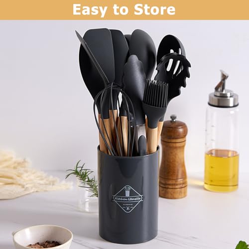 Küchenutensilien Set - 22 Stücke Silikon Küchenhelfer - Küchen Hitzebeständiger Kochbesteck Set - Pfannenwender Set - mit Utensilienhalter und 10 S Haken (Schwarz)