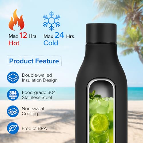 Image of Insulated Metal Water Bottle, 18 oz Stainless Steel Leak-Proof Gym Water Bottle with Lid for Men Women (Black)