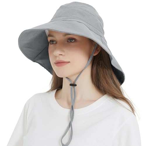 EINSKEY Women's Sun Hat with Neck Flap, UPF 50+ UV Protection Wide Brim Packable Cotton Hat for Fishing Hiking Garden Beach Dark Grey