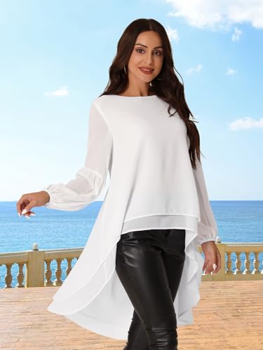 Seta T Women's High Low Tops Lantern Long Sleeve Round Neck Dressy Casual Chiffon Asymmetrical Tops Blouse2