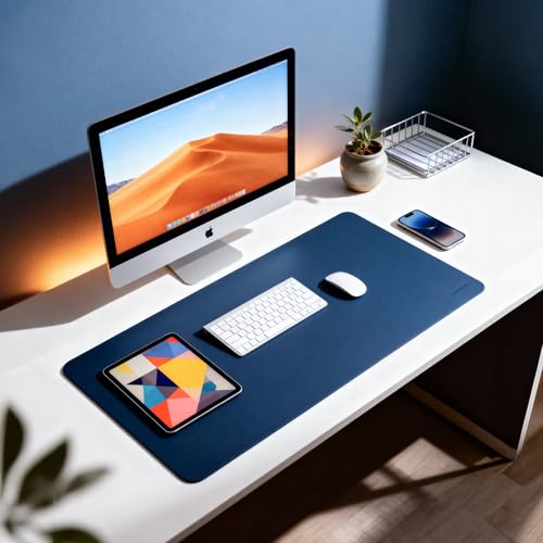 Image of Reversible Desk Mat 90x45 CM - Large Vegan Leather Office Desk Pad | Mouse Pad for Work from Home & Office | Anti-Slip Leather | Waterproof, Splash-Proof Desk Accessories (Sky Blue & Orange)