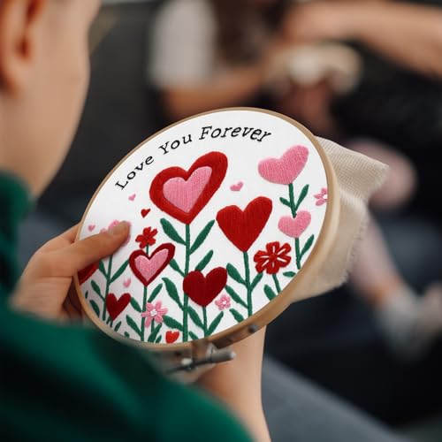 Image of Nuberlic Valentine Embroidery Kit for Beginners - Heart Floral Design Adults Starter Cross Stitch Kit DIY Needlepoint with Hoop, Pre-Printed Fabric, Threads & Step-by-Step Guide
