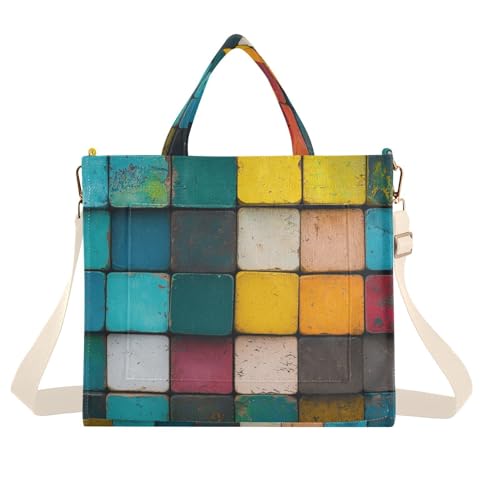 Bolso tote de pana para mujer con diseño colorido en bloques - Bolso cruzado grande y elegante de pana para uso diario miniatura 1