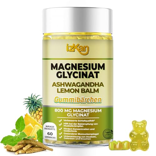 Magnesiumglycinat-Gummibärchen 1600 mg zuckerfreies Magnesiumpräparat mit Ashwagandha, Zitronenmelissenextrakt und CoQ10 für eine ruhige Stimmung und Muskeln, Schlafunterstützung 60 Gummibärchen (1)
