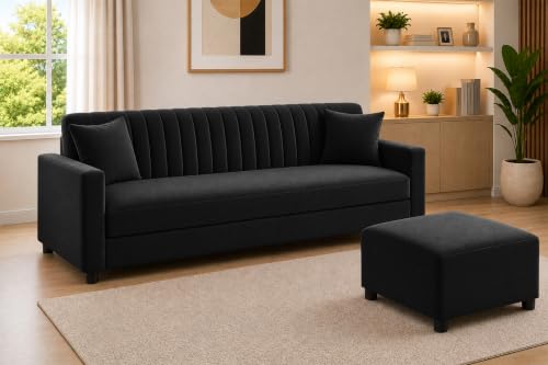 Image of 3 Seater Sofa with Ottoman | Modern Upholstered Couch | Vertical Channel Tufted Backrest | Comfortable Cushioned Seating | Contemporary Sofa Set for Living Room & Office - Black Color