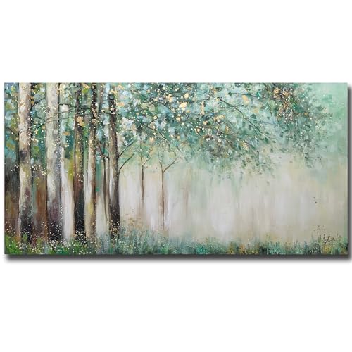 Boieesen Art,30X60 Inch Hand Painted Soft Green Acrylic Wall Art Foggy Forest Oil Paintings on Canvas Abstract Landscape Artwork Decorative Paintings Stretched and Framed Ready to Hang
