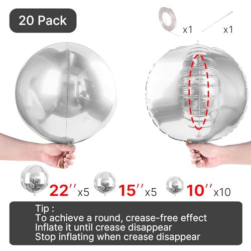 Image of PartyWoo Metallic Silver Foil Balloons 20pcs Large Round Giant 4D Balloons
