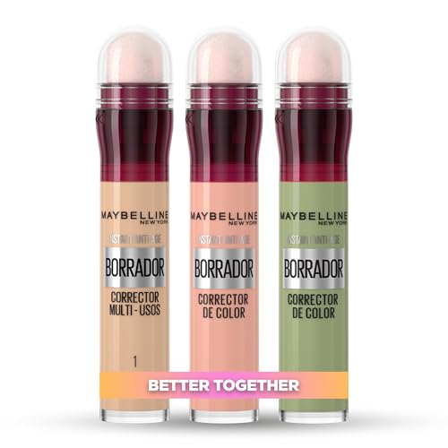 Pack Trio Maybelline New York, Corrector Borrador de Ojeras, Bolsas e Imperfecciones, Tono 01 Light + Tono Rosa + Tono Verde