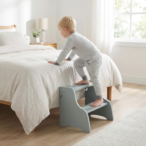 Image of Costzon Folding Toddler Step Stool with Chalkboards, 4-in-1 Standing Kitchen Tower w / 2-Step Stool, Safety Nets & Anti-Tip Feet, Wooden Toddler Tower Foldable for Boys & Girls Aged 2+ (Grey)