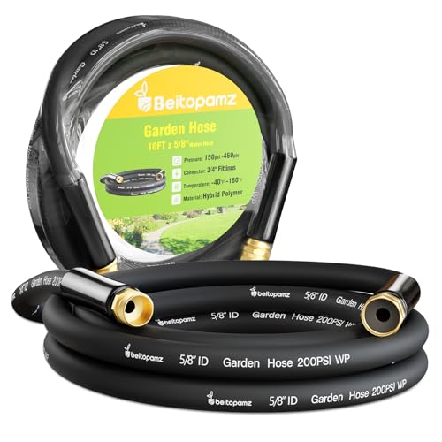Beitopamz Short Garden Hose 10 ft x 5/8 in Male to Female Heavy Duty Small Water Hose Extender Connector Lightweight Rubber Hybrid Leader Hose Leak-Free Connections 3/4 Brass Fittings Black