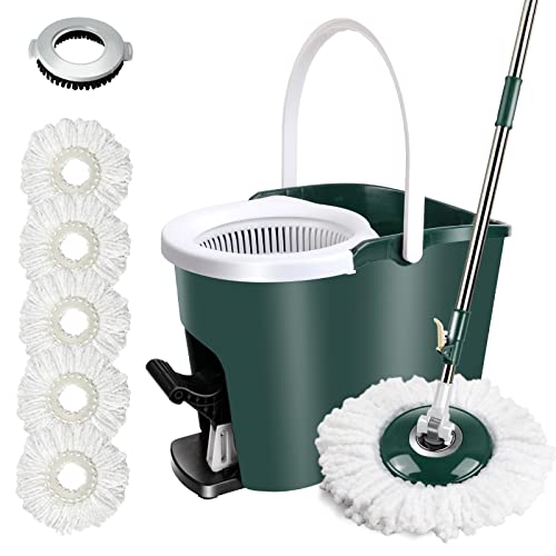 MASTERTOP Seau Essoreur à Pédale et Balai à Franges en Microfibre, Set Serpillère Rotative 360° avec Manche Téléscopique et Seau (Vert), Offre 5 Tampons Microfibre + 1 Bross de Tête