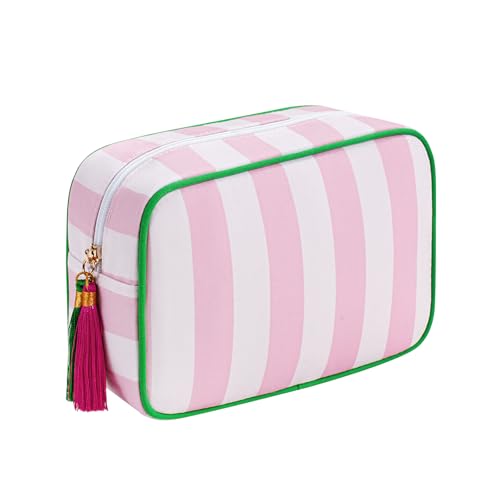 uekeboag Large Canvas Tassel Striped Makeup Bag,Coquette Travel Organizer Cosmetic Bag with Zipper,Toiletry Bag for Toiletries Accessories for Women Girls(05Pink Striped)