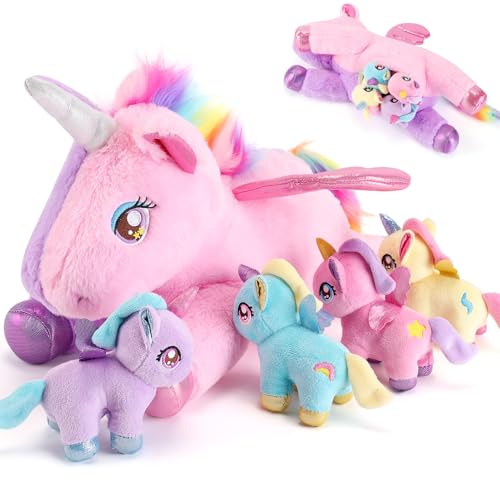 Image of 5 Pieces Unicorn Stuffed Animals - 1 Mommy Stuffed Unicorn with 4 Babies - Unicorns Gifts for Girls Ages 3-8, Unicorns Plush Toys for Christmas, Valentine's, Birthday Gifts (Pink & Purple)