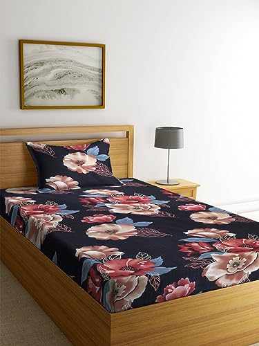 Image of NHD HOME Presents Pure Cotton 180TC Single Bedsheets for Single Diwan Bed(Size-90 X 60 Inch) with 1 Pillow Covers(Size-18 X 28) Tan & White Red, Floral Prints