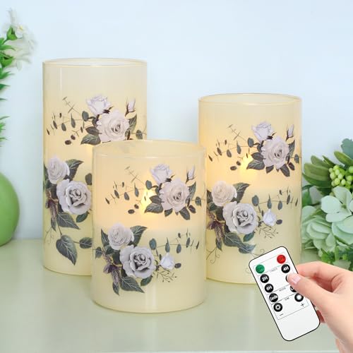 Image of Glass Flameless LED Candles with Timer, Battery Operated Flickering Wax Pillar Candles with Remote, Rose Floral Decoration for Spring Wedding Love Themed Party