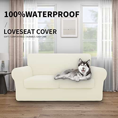 Image of Easy-Going Waterproof 3-Piece Loveseat Cover Couch Covers for Sofa | Stretch Spandex Sofa Cover Protector Elastic Bottom for 2 Cushion Couch Dog Pet Friendly Living Room Ivory