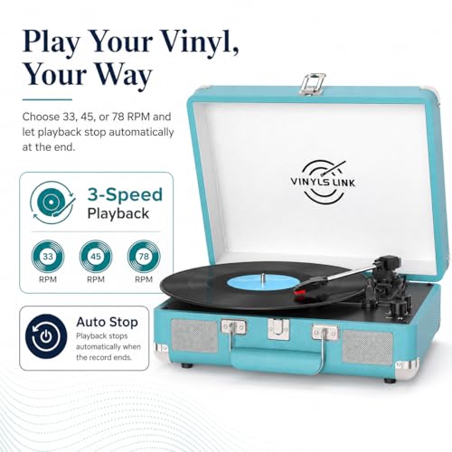 Image of Vinyl Record Player 3-Speed Bass Control Bluetooth Suitcase Portable Belt-Driven Record Player with Built-in Speakers RCA Out Headphone Jack Vintage Turntable Blue