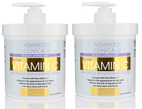 Advanced Clinicals Vitamin C Cream. Advanced Brightening Cream. Anti-aging cream for age spots, dark spots on face, hands, body. (Two - 16oz)