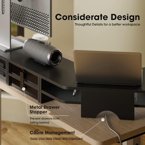 Image of Fenge 42.5Inch Corner Monitor Stand with Drawer, 3-Tier Monitor Riser with Slide-Out Tray