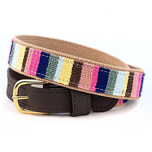 A Tail We Could Wag Cotton & Leather Belt - Handmade Guatemalan Cotton Weave with Colorful Patterns & Solid Brass Buckle (Bahama, 30