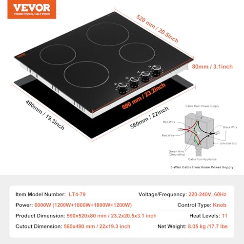 Image of VEVOR Electric Radiant Cooktop, Built-in Electric Stove Top, with Glass Panel, Knob Control, 11 Heat Levels, for Diverse Cooking Requirements (24inch-4burners /220V)