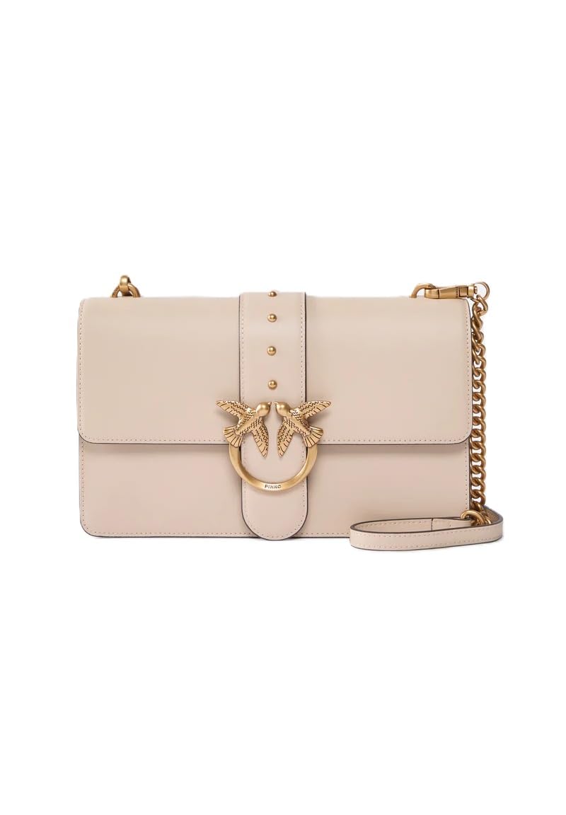 Pinko Love One Classic, Borsa a Tracolla in Pelle Beige con Chiusura a Patta, Dettaglio Uccelli Dorati, Divisorio Interno con Cerniera, Misure 27 x 16.5 x 7 cm.