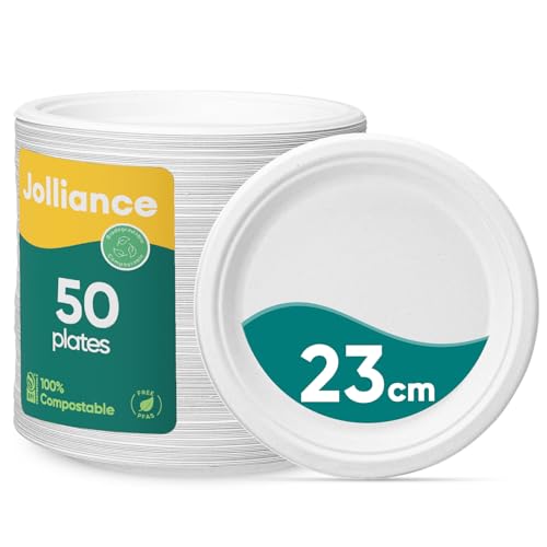 Jollliance - Platos de papel 100% compostables, platos desechables resistentes de 23 cm, paquete de 50 unidades, hechos de fibra de bagazo de caña de azúcar natural, platos blancos desechables