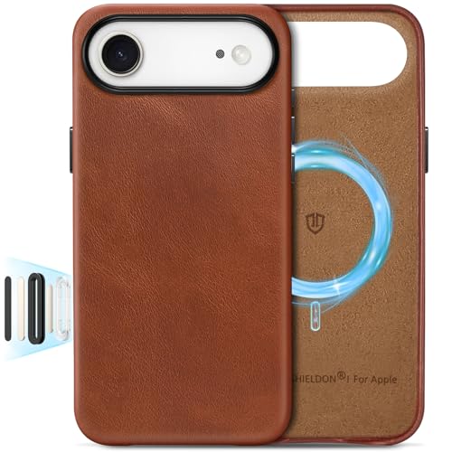 Image of SHIELDON Genuine Leather Case for iPhone Air 6.5 inch 2025, Retro Brown | Compatible with MagSafe, Magnetic Wireless Charging, Camera Button, Metal Buttons, Camera Bezel, Slim, Shockproof, Women Men