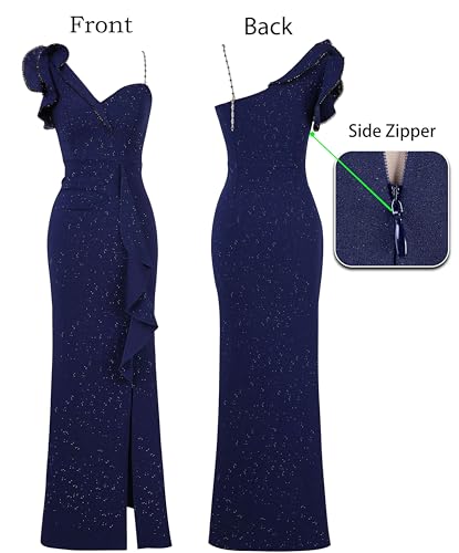 Image of VFSHOW Womens Formal Prom Elegant Ruffle One Shoulder Beaded Strap Ruched Slit Maxi Dress Wedding Evening Long Gown