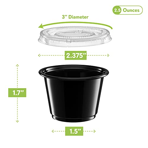 Image of {2.5 oz - 100 Sets} Black Diposable Plastic Portion Cups With Lids, Small Mini Containers For Portion Controll, Jello Shots, Meal Prep, Sauce Cups, Slime, Condiments, Medicine, Dressings, Crafts,