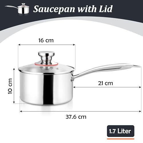 Herogo Stainless Steel Saucepan 16cm, 1.7L Sauce Pan with Glass Lid, Triple-Layer Milk Pan, Ergonomic Handle, Induction Cooking, Easy to Clean - Image 2