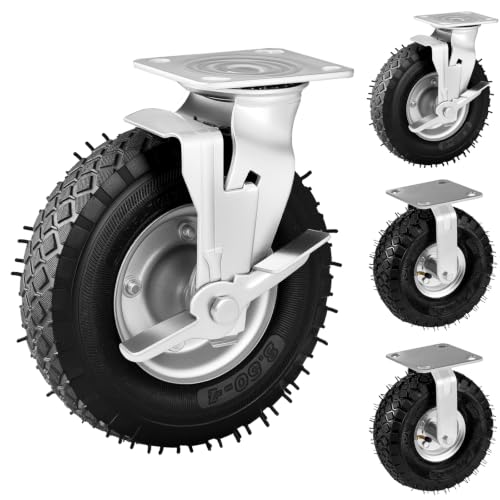 Roulettes Pneumatiques 8 Pouces 4-Pack, 2 Pivotantes (2 Freins) & 2 Rigides, Roulettes Robustes 1200 LBS de Capacité, Roue en Caoutchouc pour Banc de Travail, Chariot, Trolley, Wagon et Étagères