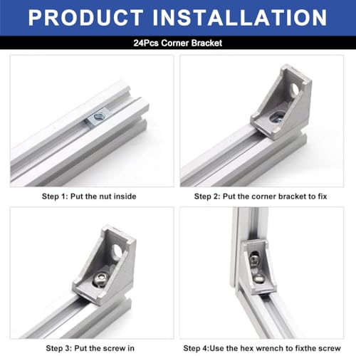 Image of 24pcs 2020 Corner Bracket 2020 Aluminum Extrusion Hardware T-Slotted Accessories V-Slot with Screws for 8020 Aluminum Profile 3D Printer Frame Parts Silver