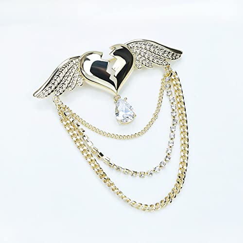 Image of Beating Heart with Angel Wings Brooch Lapel Pin Tassel Collar Pin Crystal Love Heart Brooch Badge